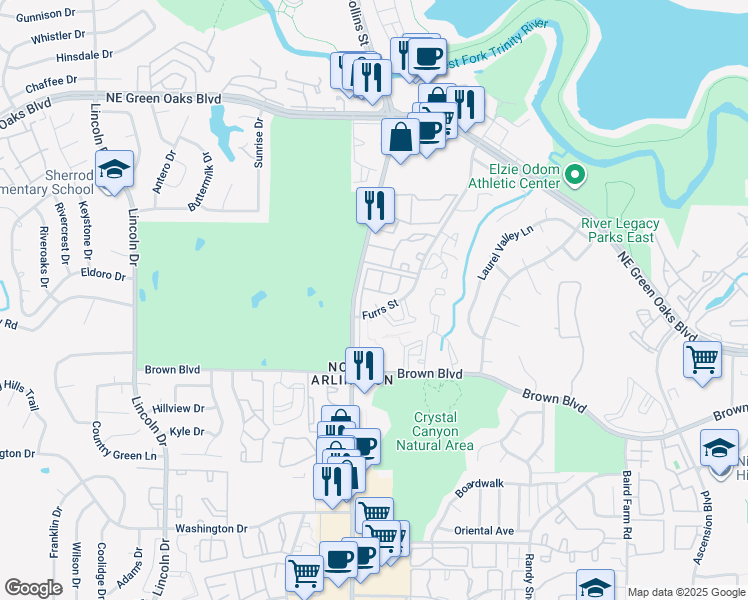 map of restaurants, bars, coffee shops, grocery stores, and more near 2604 Furrs Street in Arlington