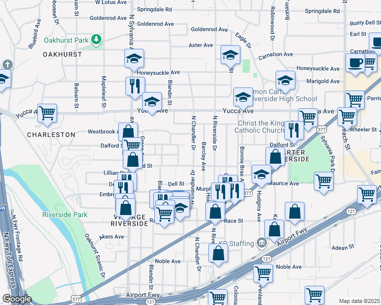 map of restaurants, bars, coffee shops, grocery stores, and more near 1025 North Chandler Drive in Fort Worth