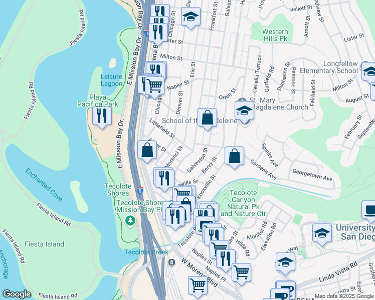 map of restaurants, bars, coffee shops, grocery stores, and more near 4431 Littlefield Street in San Diego