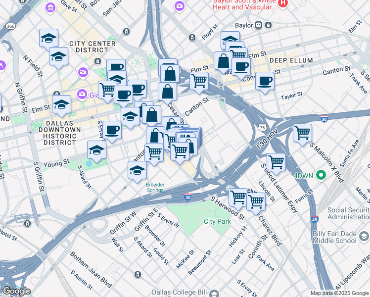map of restaurants, bars, coffee shops, grocery stores, and more near 125 Taylor Street in Dallas