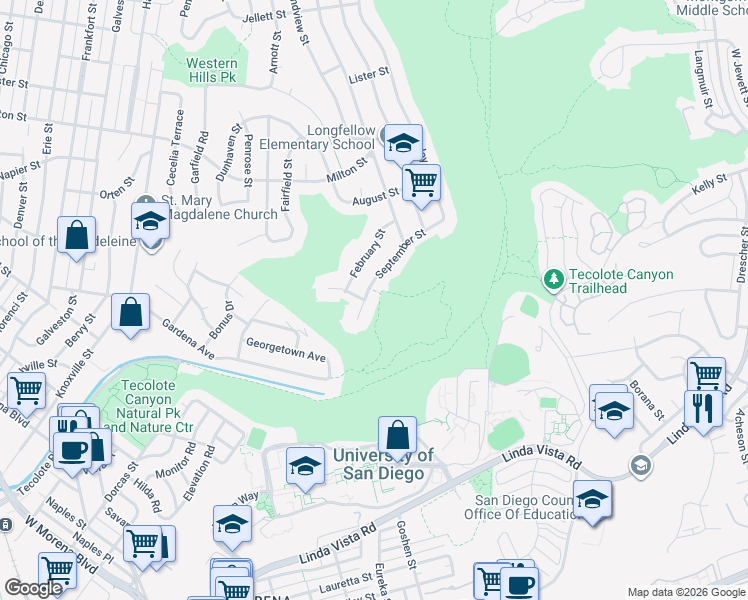 map of restaurants, bars, coffee shops, grocery stores, and more near 4971 September Street in San Diego