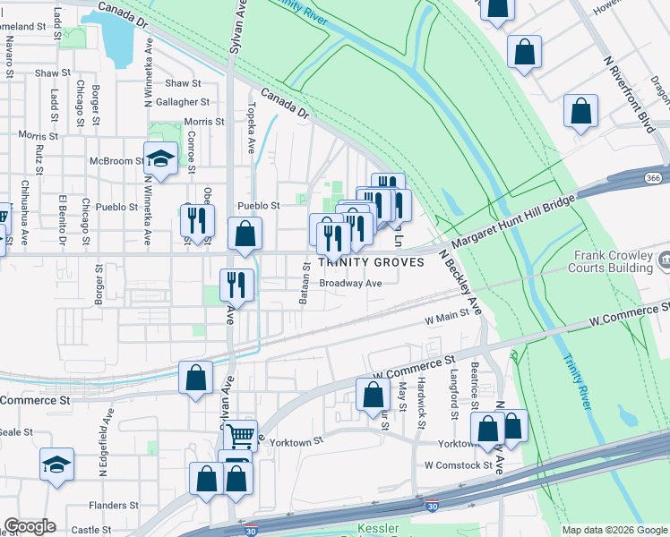 map of restaurants, bars, coffee shops, grocery stores, and more near 425 Bedford Street in Dallas