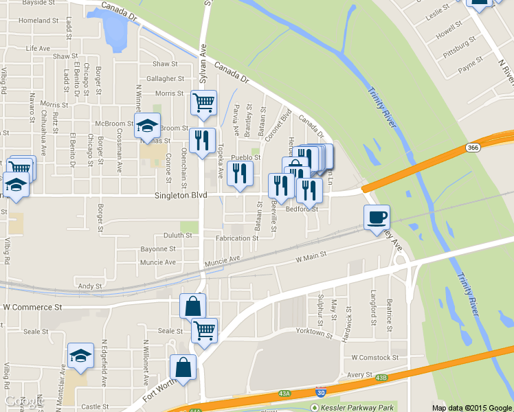 map of restaurants, bars, coffee shops, grocery stores, and more near 2901 Bataan Street in Dallas