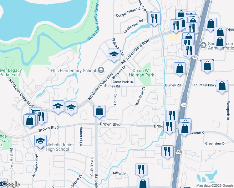map of restaurants, bars, coffee shops, grocery stores, and more near 2519 Holt Road in Arlington