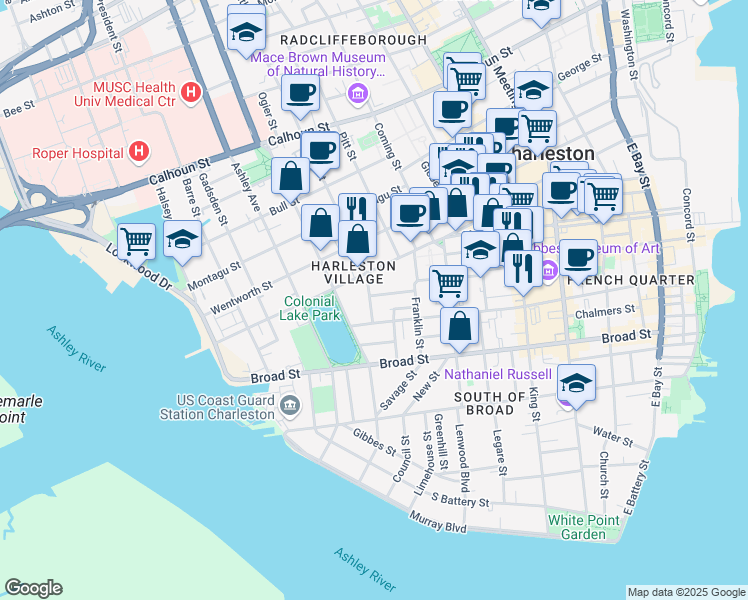 map of restaurants, bars, coffee shops, grocery stores, and more near 12f Smith Street in Charleston