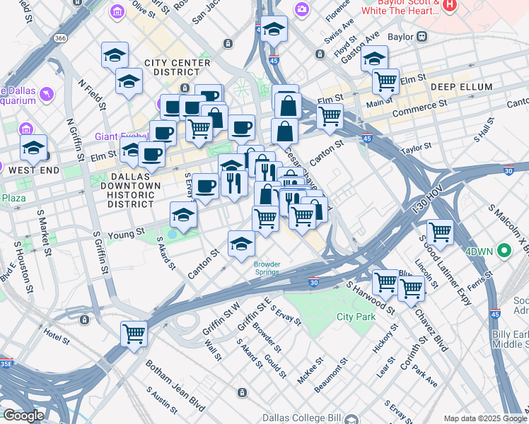 map of restaurants, bars, coffee shops, grocery stores, and more near 617 South Harwood Street in Dallas