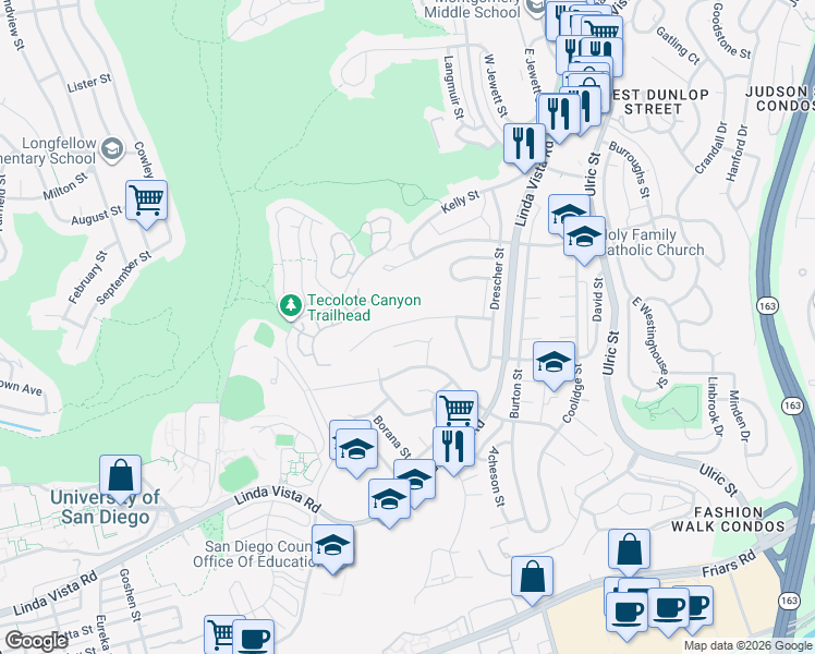 map of restaurants, bars, coffee shops, grocery stores, and more near 6555 Goodwin Street in San Diego