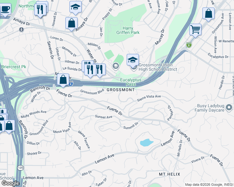 map of restaurants, bars, coffee shops, grocery stores, and more near in Casa de Oro-Mount Helix