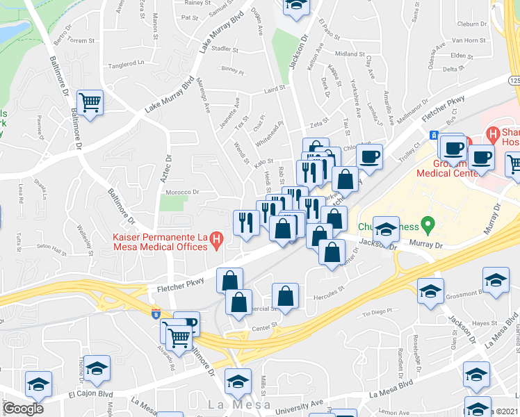map of restaurants, bars, coffee shops, grocery stores, and more near 22 Vincetta Court in La Mesa