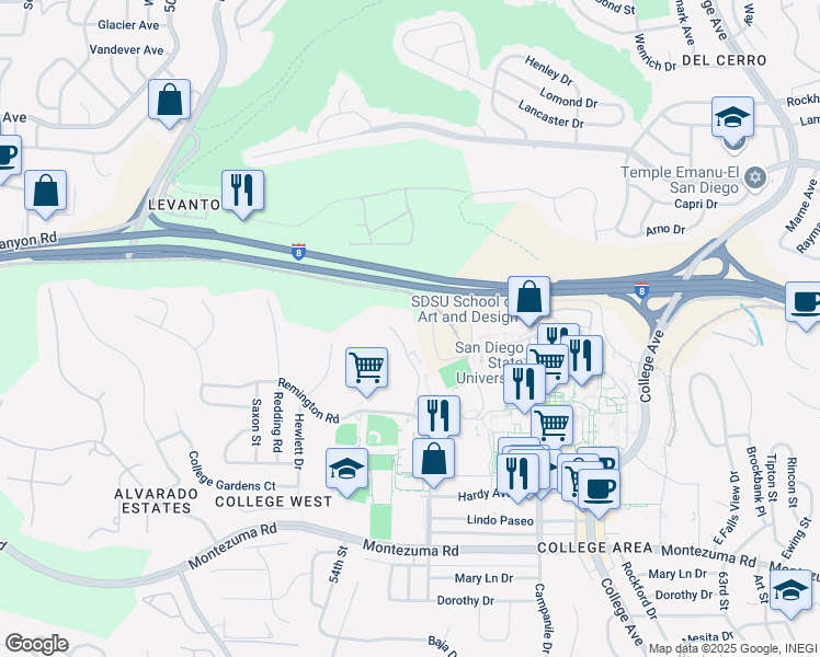 map of restaurants, bars, coffee shops, grocery stores, and more near 55TH Crest Drive in San Diego
