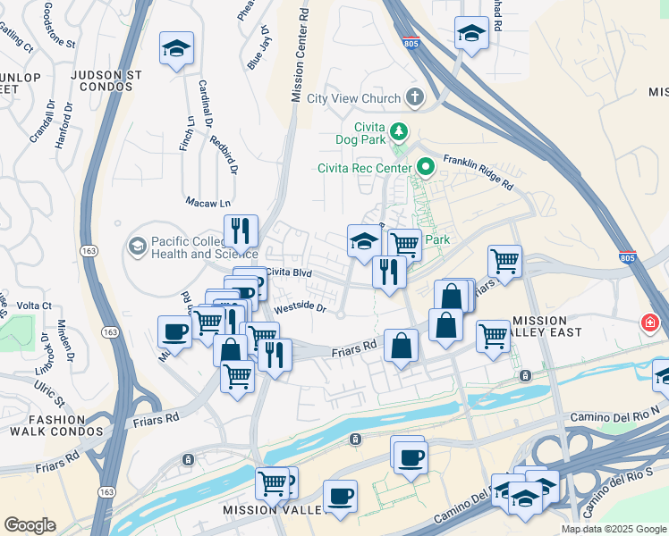 map of restaurants, bars, coffee shops, grocery stores, and more near 7842 Civita Boulevard in San Diego