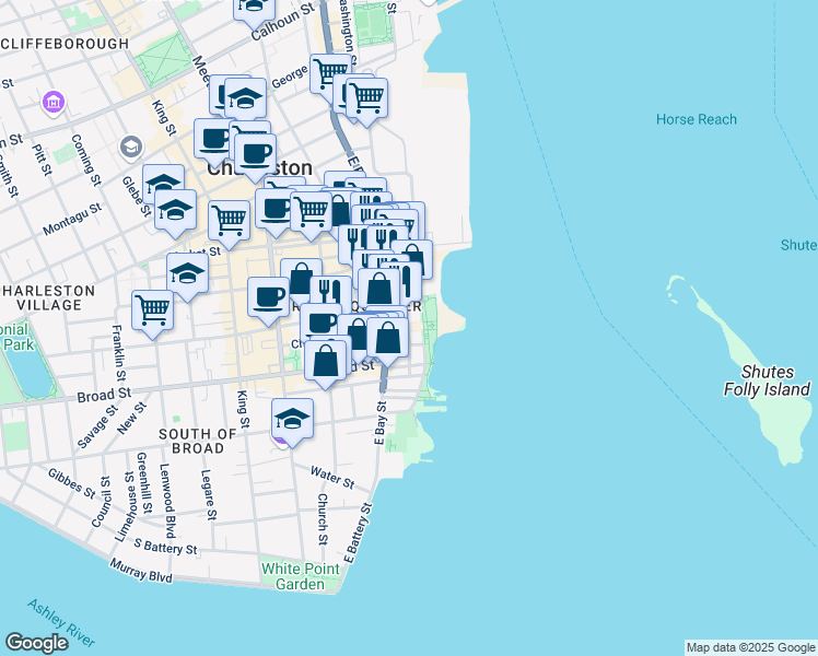 map of restaurants, bars, coffee shops, grocery stores, and more near 17 Vendue Range in Charleston