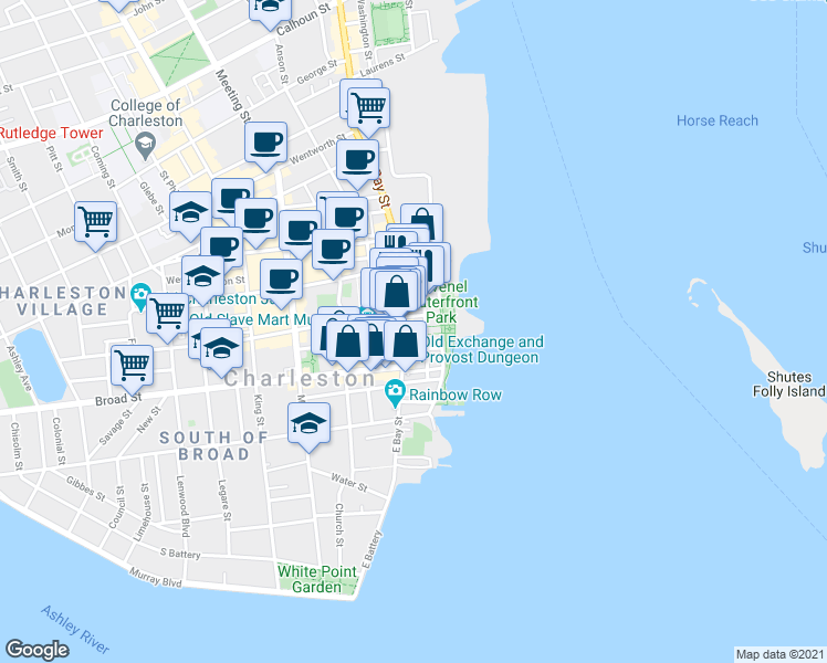 map of restaurants, bars, coffee shops, grocery stores, and more near 17 Vendue Range in Charleston