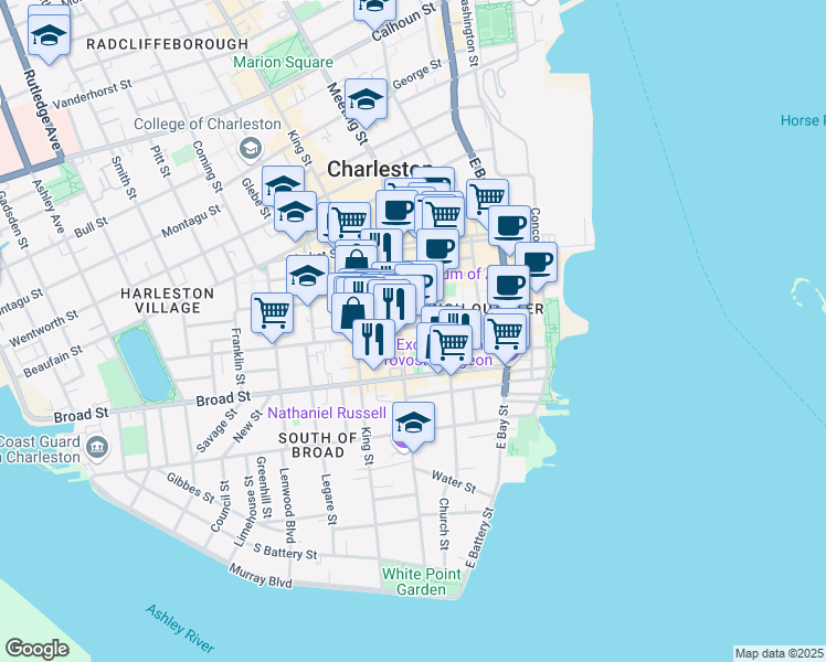 map of restaurants, bars, coffee shops, grocery stores, and more near 57 Queen Street in Charleston