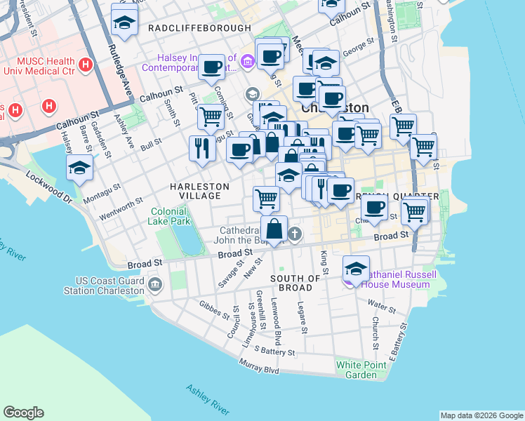 map of restaurants, bars, coffee shops, grocery stores, and more near 87 Logan Street in Charleston