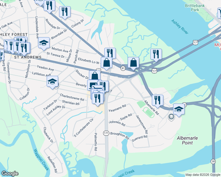map of restaurants, bars, coffee shops, grocery stores, and more near 61 Folly Road Boulevard in Charleston