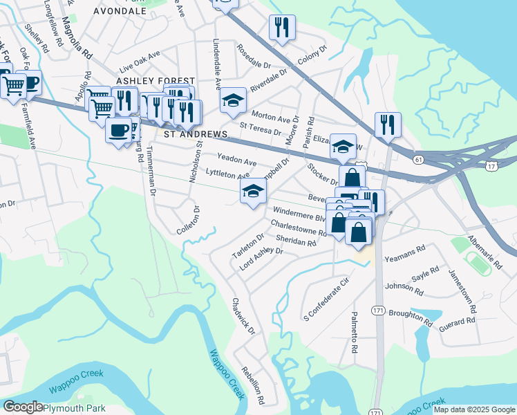 map of restaurants, bars, coffee shops, grocery stores, and more near 30 Chadwick Drive in Charleston