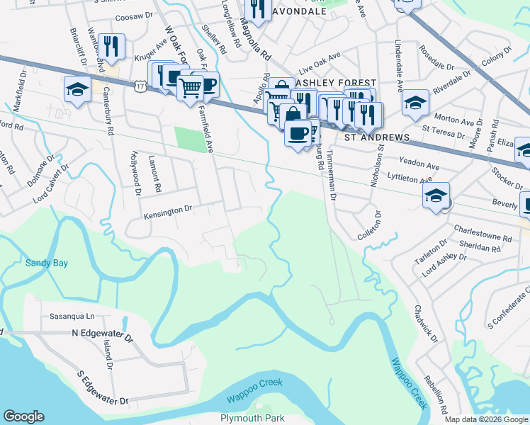 map of restaurants, bars, coffee shops, grocery stores, and more near 11 Gardens Corner Court in Charleston