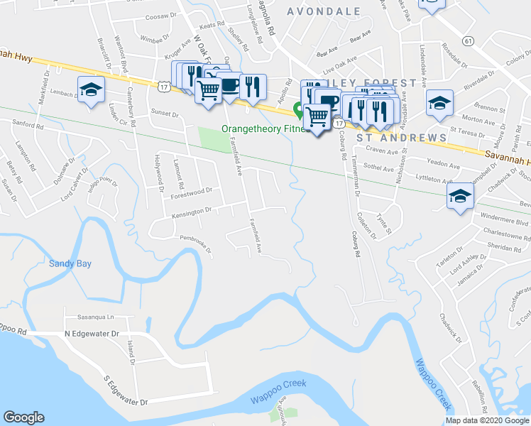 map of restaurants, bars, coffee shops, grocery stores, and more near 4 Huguenot Avenue in Charleston