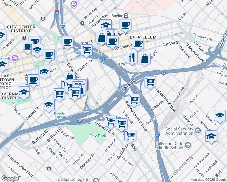 map of restaurants, bars, coffee shops, grocery stores, and more near 835 South Good Latimer Expressway in Dallas