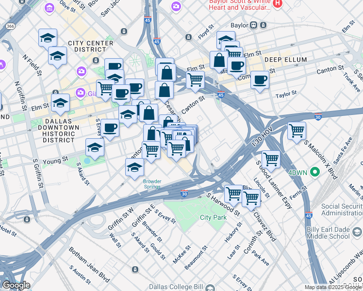 map of restaurants, bars, coffee shops, grocery stores, and more near 2111 Taylor Street in Dallas