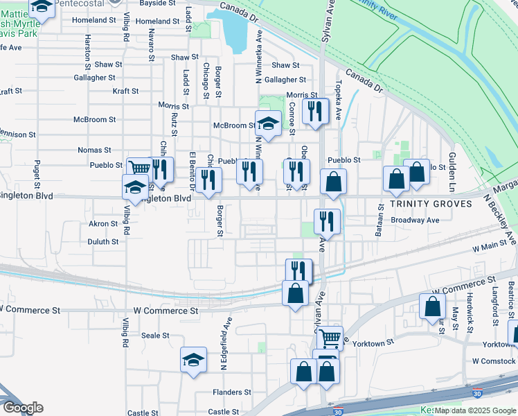 map of restaurants, bars, coffee shops, grocery stores, and more near 1000 Singleton Boulevard in Dallas