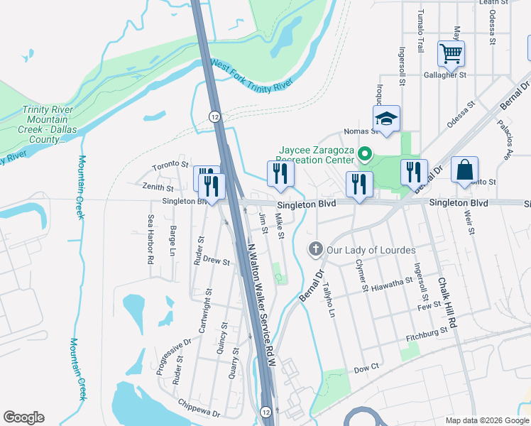 map of restaurants, bars, coffee shops, grocery stores, and more near 2902 Jim Street in Dallas