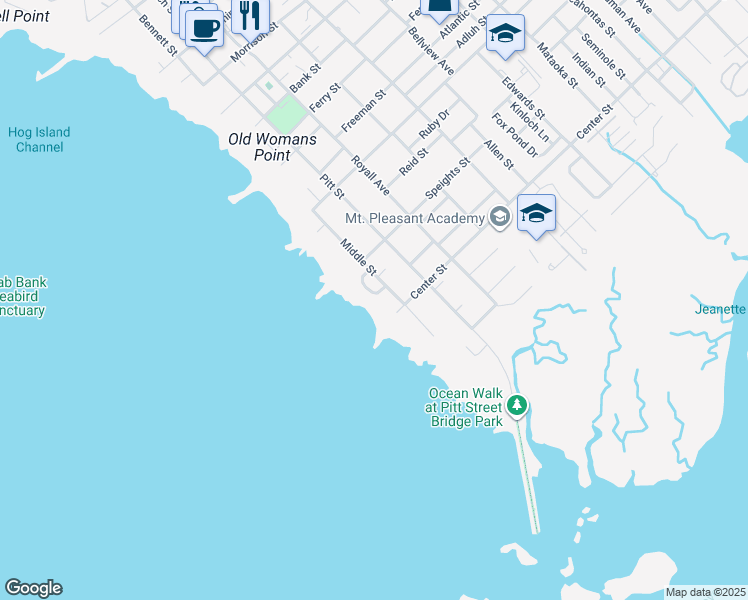 map of restaurants, bars, coffee shops, grocery stores, and more near 7 Pierates Cruz in Mount Pleasant