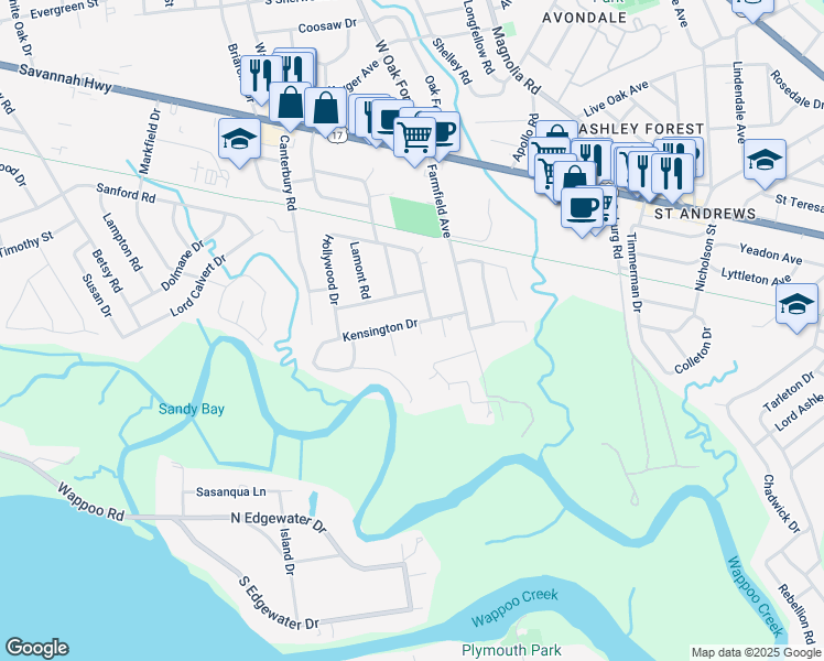 map of restaurants, bars, coffee shops, grocery stores, and more near 1209 Kensington Drive in Charleston