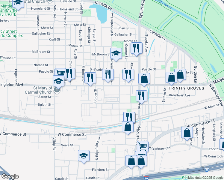 map of restaurants, bars, coffee shops, grocery stores, and more near 1000 Singleton Boulevard in Dallas