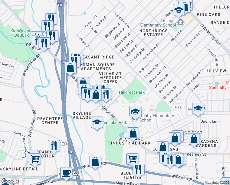 map of restaurants, bars, coffee shops, grocery stores, and more near 1139 Hillcrest Street in Mesquite