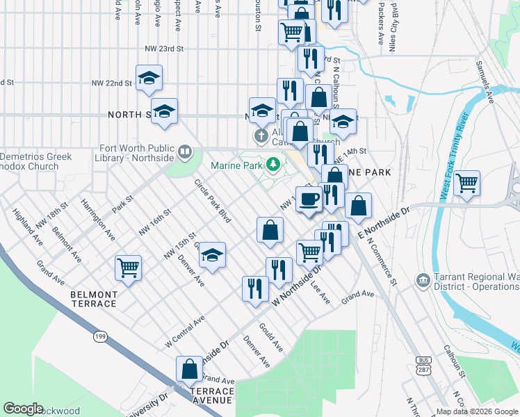 map of restaurants, bars, coffee shops, grocery stores, and more near 1508 Lee Avenue in Fort Worth