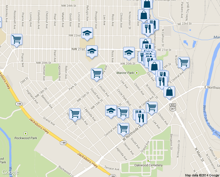 map of restaurants, bars, coffee shops, grocery stores, and more near 1605 Circle Park Boulevard in Fort Worth