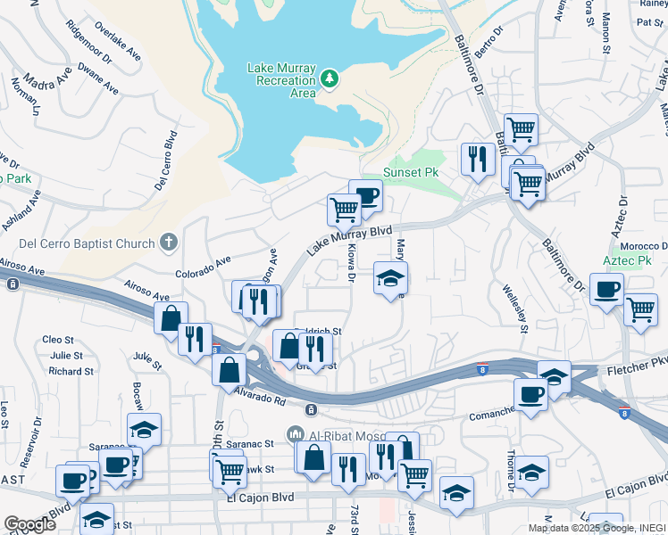 map of restaurants, bars, coffee shops, grocery stores, and more near 5450 Kiowa Drive in La Mesa