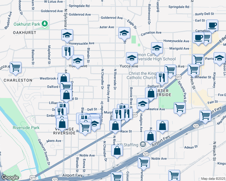 map of restaurants, bars, coffee shops, grocery stores, and more near 1021 N Riverside Dr in Fort Worth