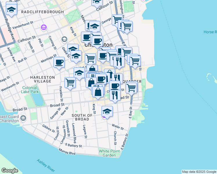 map of restaurants, bars, coffee shops, grocery stores, and more near 57 Queen Street in Charleston