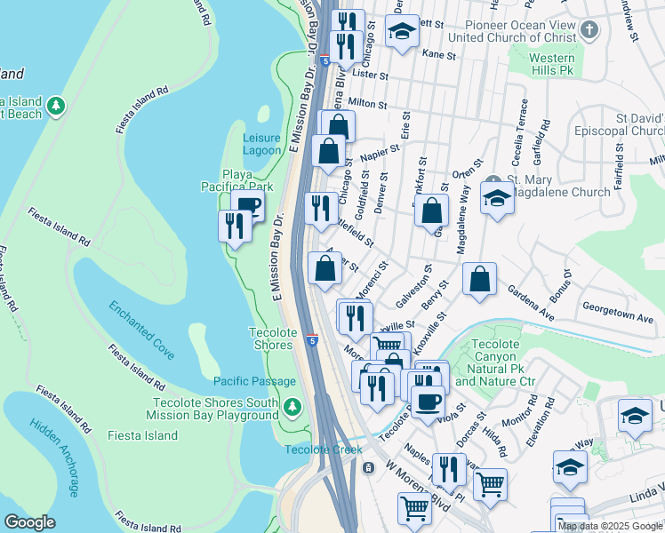 map of restaurants, bars, coffee shops, grocery stores, and more near in San Diego