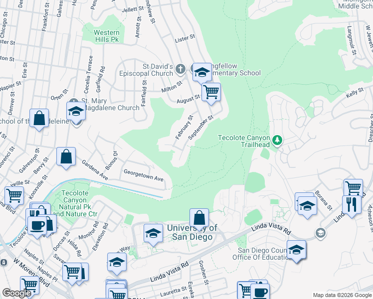 map of restaurants, bars, coffee shops, grocery stores, and more near 4971 September Street in San Diego
