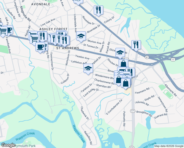 map of restaurants, bars, coffee shops, grocery stores, and more near 30 Chadwick Drive in Charleston