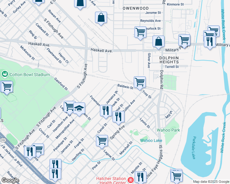 map of restaurants, bars, coffee shops, grocery stores, and more near 4615 Jamaica Street in Dallas