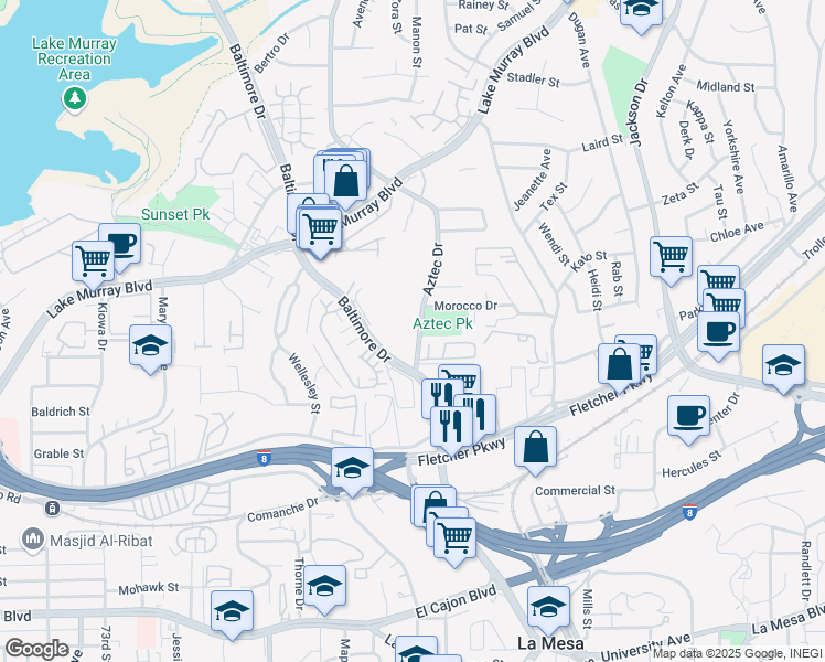 map of restaurants, bars, coffee shops, grocery stores, and more near 5410 Aztec Drive in La Mesa
