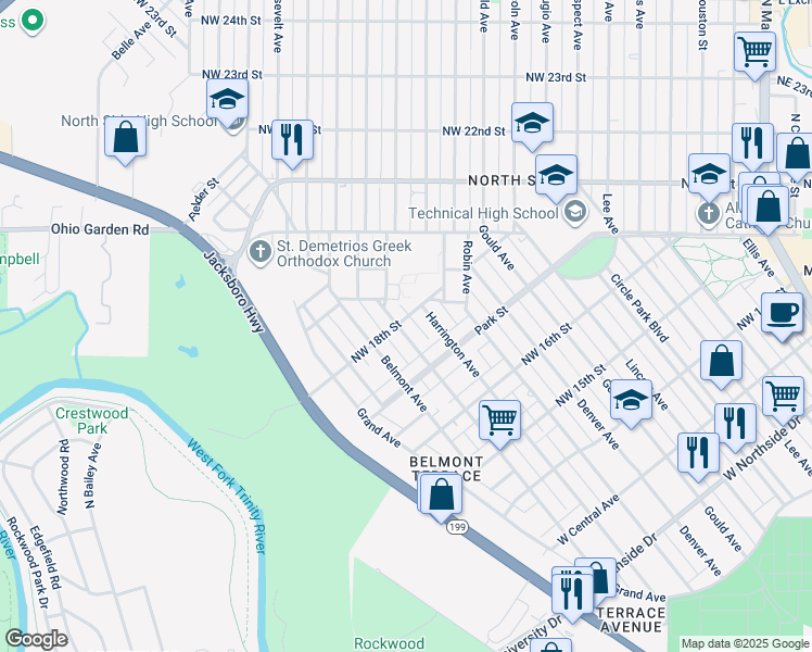 map of restaurants, bars, coffee shops, grocery stores, and more near 1820 Homan Avenue in Fort Worth