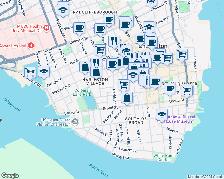 map of restaurants, bars, coffee shops, grocery stores, and more near 29 C Franklin Street in Charleston