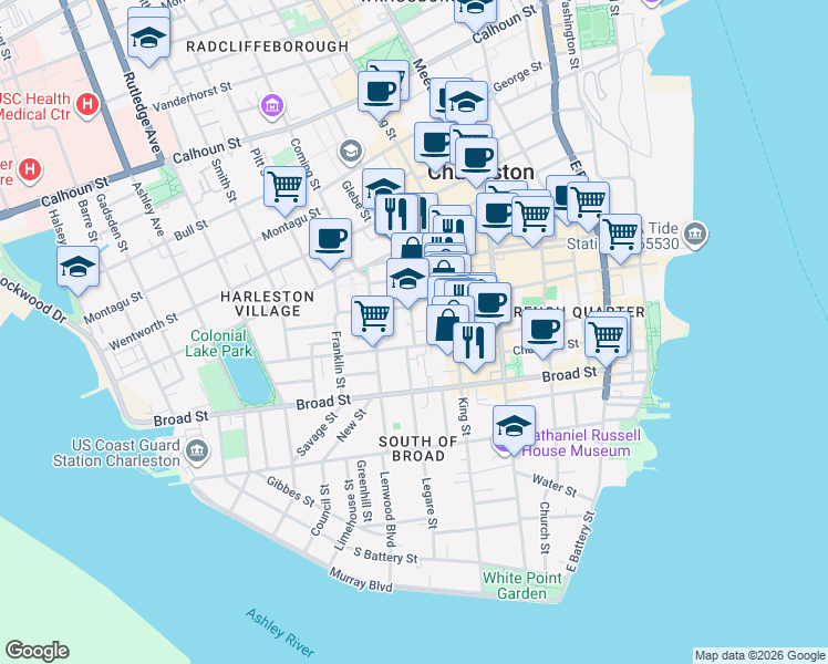 map of restaurants, bars, coffee shops, grocery stores, and more near 6 Archdale Street in Charleston