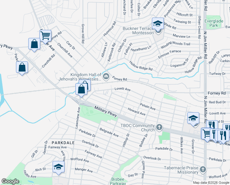 map of restaurants, bars, coffee shops, grocery stores, and more near 6107 Petain Avenue in Dallas