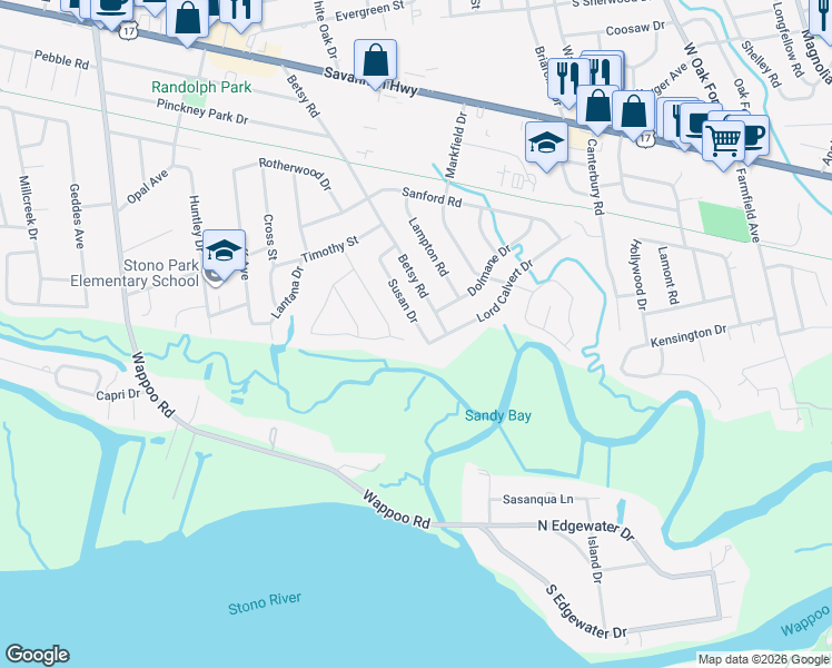 map of restaurants, bars, coffee shops, grocery stores, and more near 307 Susan Drive in Charleston
