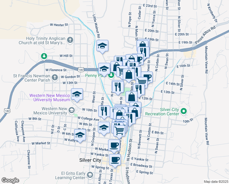 map of restaurants, bars, coffee shops, grocery stores, and more near 1203 North Grant Street in Silver City