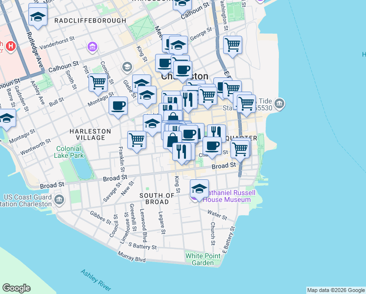 map of restaurants, bars, coffee shops, grocery stores, and more near 76 Queen Street in Charleston