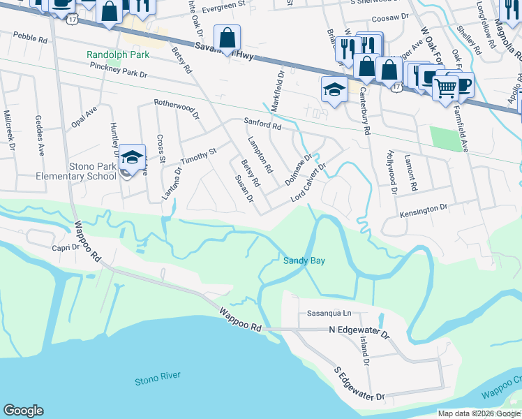 map of restaurants, bars, coffee shops, grocery stores, and more near 307 Susan Drive in Charleston
