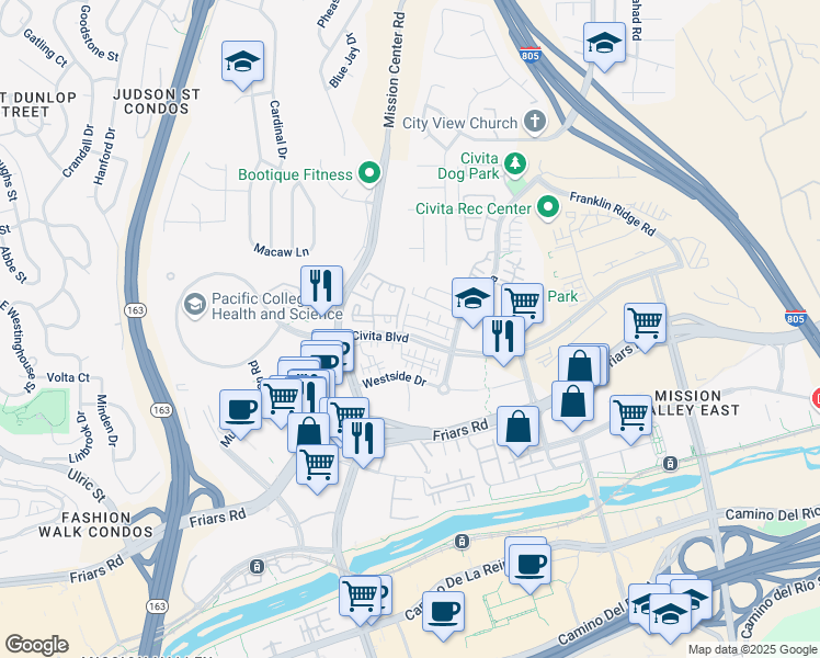 map of restaurants, bars, coffee shops, grocery stores, and more near 7814 Civita Boulevard in San Diego